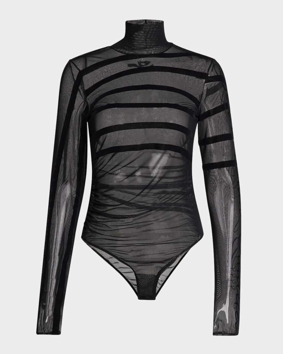 Flocked Mariniere Logo Mesh Turtleneck Bodysuit